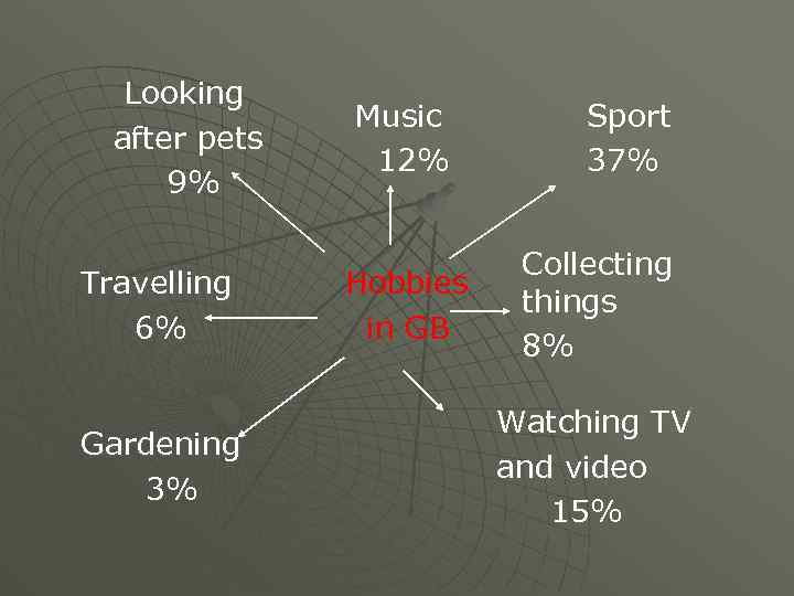 Looking after pets 9% Travelling 6% Gardening 3% Music 12% Hobbies in GB Sport