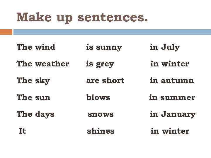 Make up sentences. The wind is sunny in July The weather is grey in