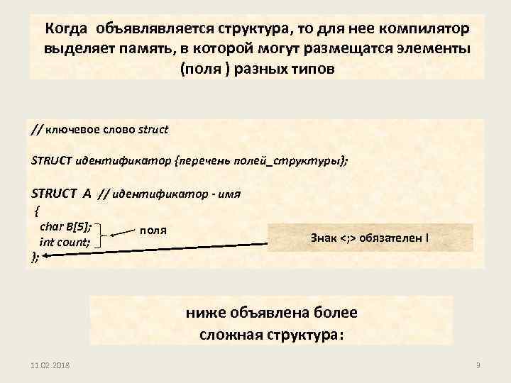 Когда объявлявляется структура, то для нее компилятор выделяет память, в которой могут размещатся элементы