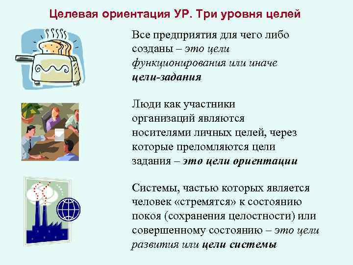Целевая ориентация УР. Три уровня целей Все предприятия для чего либо созданы – это
