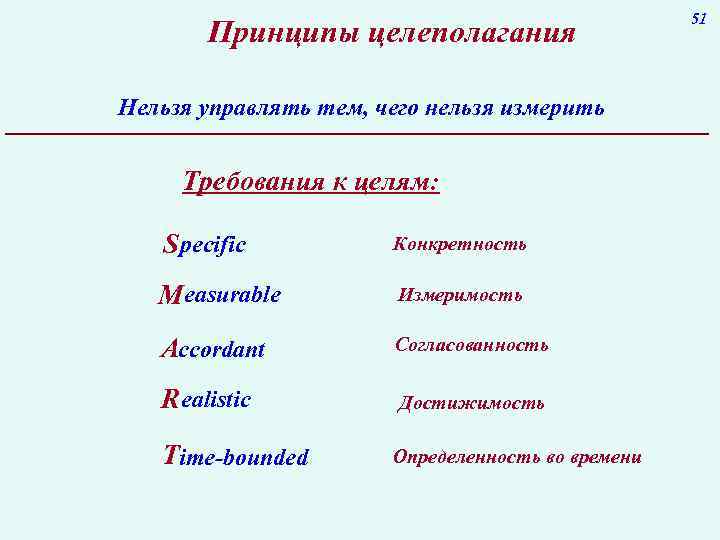 Принципы целеполагания Нельзя управлять тем, чего нельзя измерить Требования к целям: S pecific Конкретность