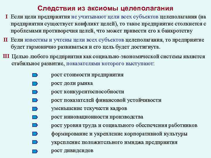 Следствия из аксиомы целеполагания I Если цели предприятия не учитывают цели всех субъектов целеполагания
