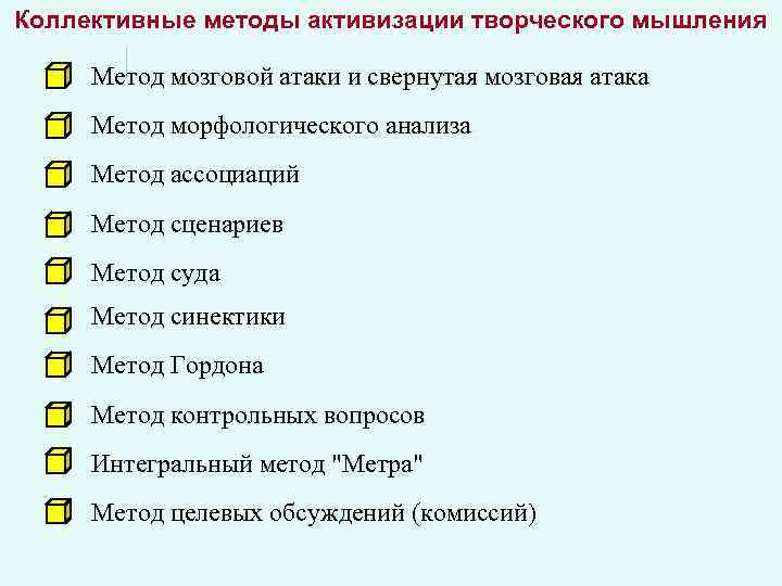 Коллективные методы активизации творческого мышления Метод мозговой атаки и свернутая мозговая атака Метод морфологического