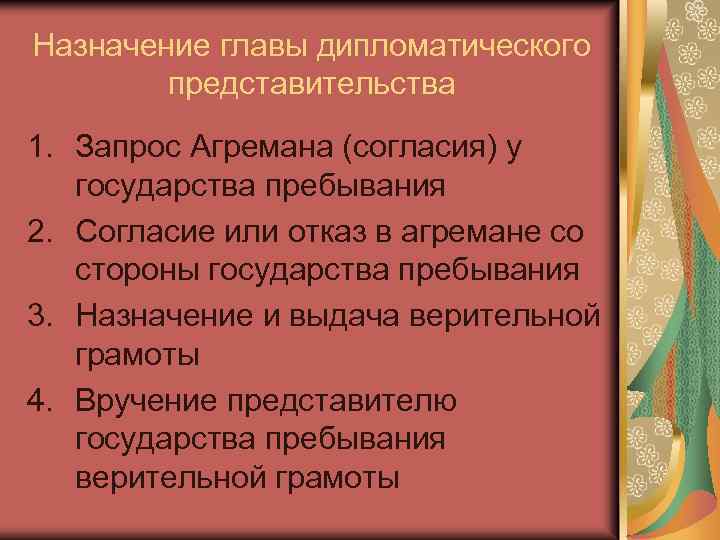  Назначение главы дипломатического представительства 1. Запрос Агремана (согласия) у государства пребывания 2. Согласие