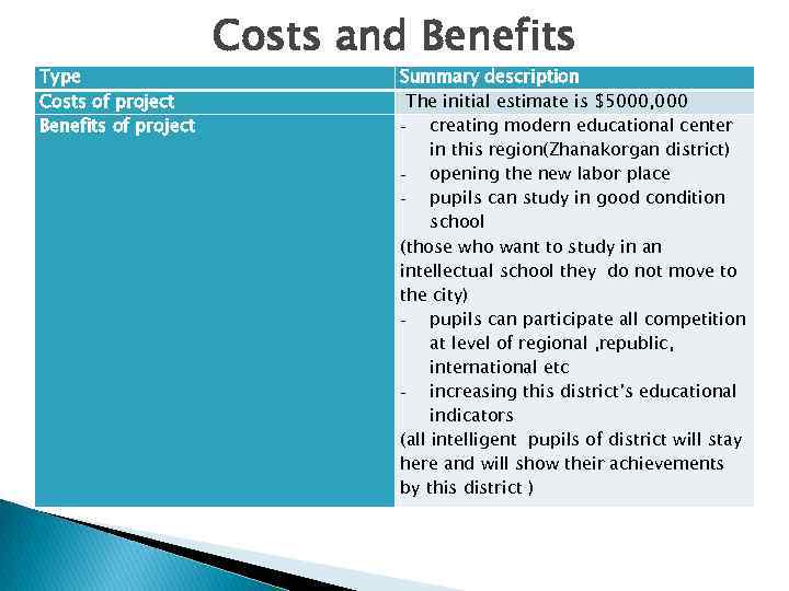 Type Costs of project Benefits of project Costs and Benefits Summary description The initial