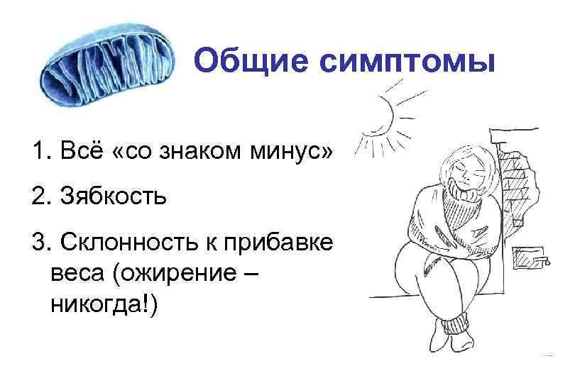 Общие симптомы 1. Всё «со знаком минус» 2. Зябкость 3. Склонность к прибавке веса