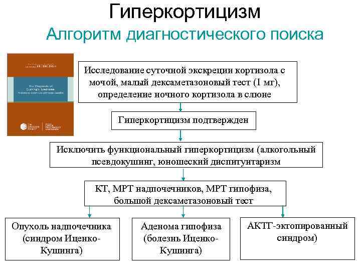 Гиперкортицизм Алгоритм диагностического поиска Исследование суточной экскреции кортизола с мочой, малый дексаметазоновый тест (1