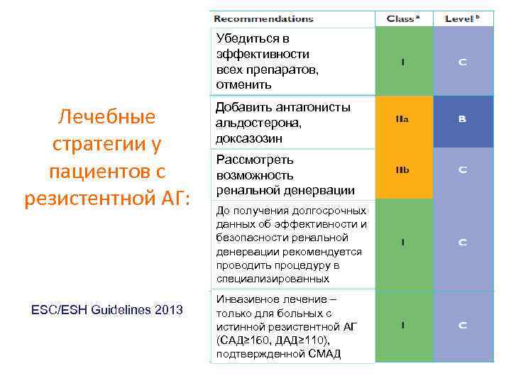 Лечебные стратегии у пациентов с резистентной АГ: ESC/ESH Guidelines 2013 Убедиться в эффективности всех