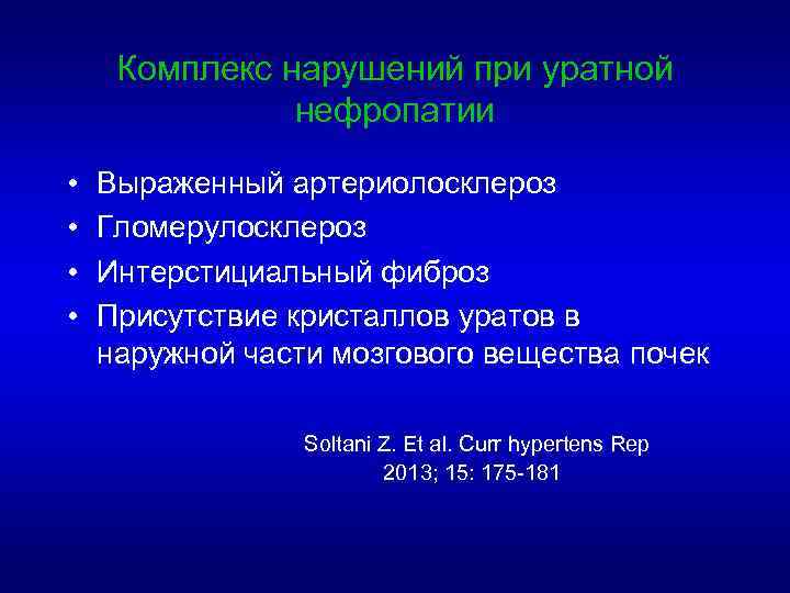 Комплекс нарушений при уратной нефропатии • • Выраженный артериолосклероз Гломерулосклероз Интерстициальный фиброз Присутствие кристаллов