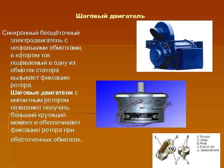 Шаговый двигатель Синхронный бесщёточный электродвигатель с несколькими обмотками, в котором ток подаваемый в одну