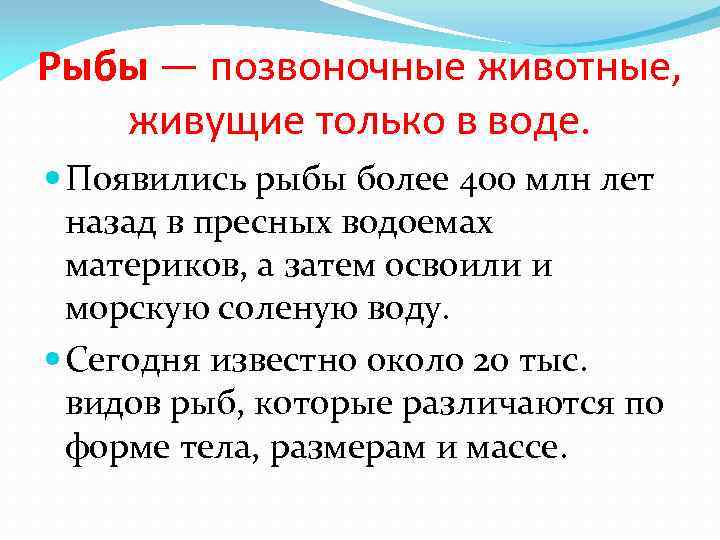 Рыбы — позвоночные животные, живущие только в воде. Появились рыбы более 400 млн лет