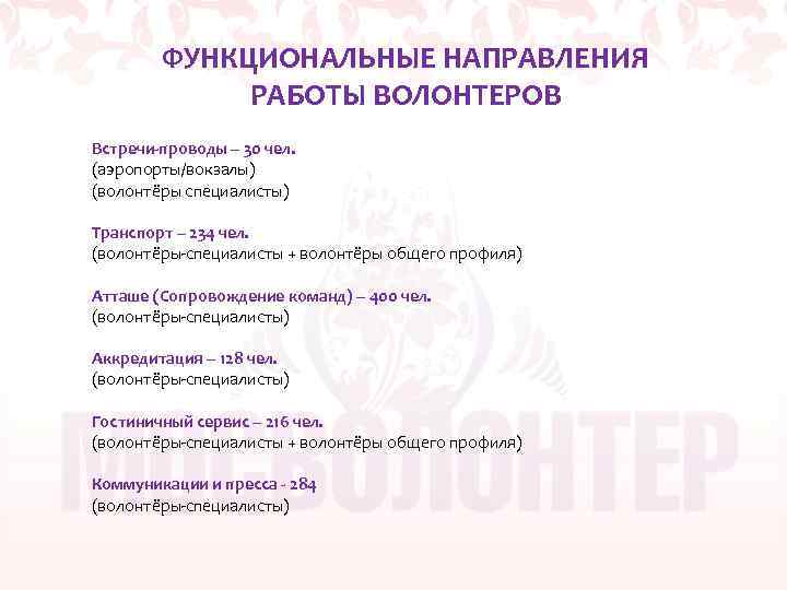 ФУНКЦИОНАЛЬНЫЕ НАПРАВЛЕНИЯ РАБОТЫ ВОЛОНТЕРОВ Встречи-проводы – 30 чел. (аэропорты/вокзалы) (волонтёры специалисты) Транспорт – 234