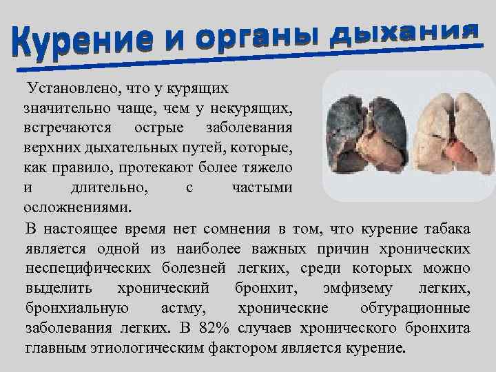 Установлено, что у курящих значительно чаще, чем у некурящих, встречаются острые заболевания верхних дыхательных