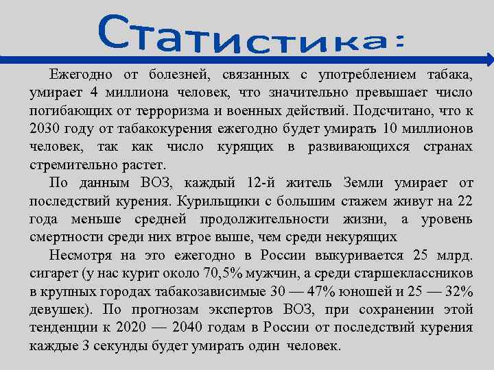 Ежегодно от болезней, связанных с употреблением табака, умирает 4 миллиона человек, что значительно превышает