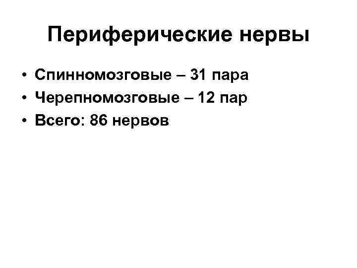 Периферические нервы • Спинномозговые – 31 пара • Черепномозговые – 12 пар • Всего: