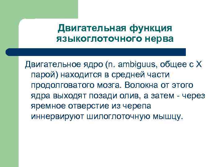 Двигательная функция языкоглоточного нерва Двигательное ядро (n. ambiguus, общее с X парой) находится в
