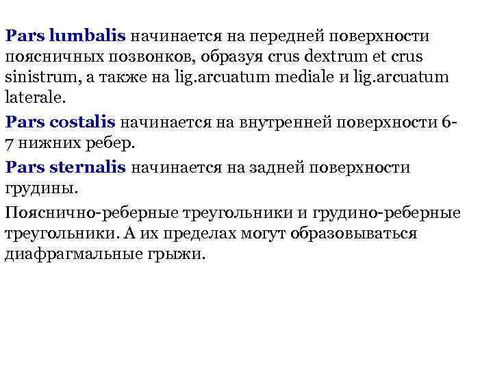 Pars lumbalis начинается на передней поверхности поясничных позвонков, образуя crus dextrum et crus sinistrum,