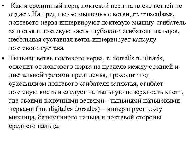  • Как и срединный нерв, локтевой нерв на плече ветвей не отдает. На