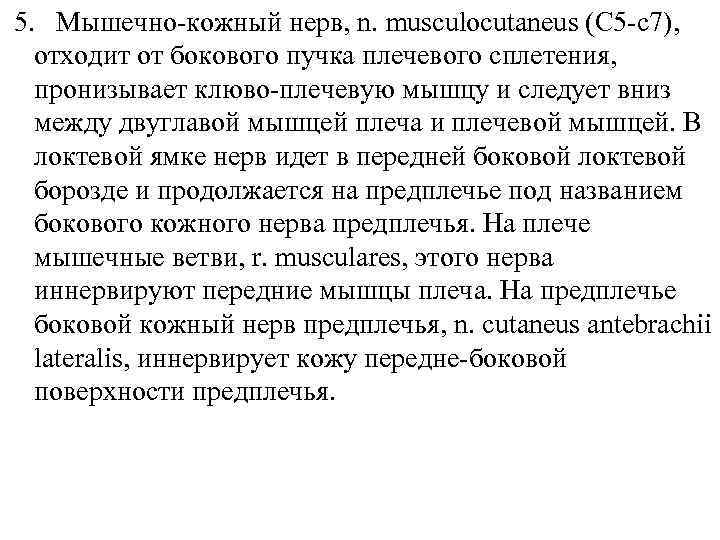 5. Мышечно-кожный нерв, n. musculocutaneus (C 5 -c 7), отходит от бокового пучка плечевого