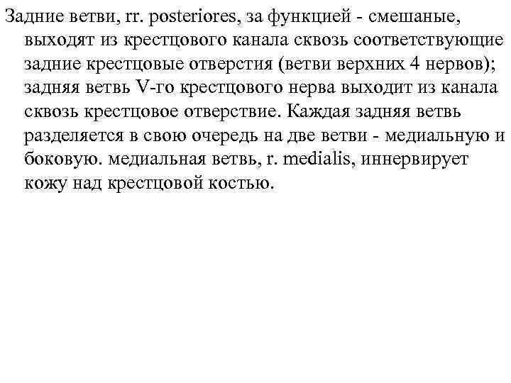 Задние ветви, rr. posteriores, за функцией - смешаные, выходят из крестцового канала сквозь соответствующие