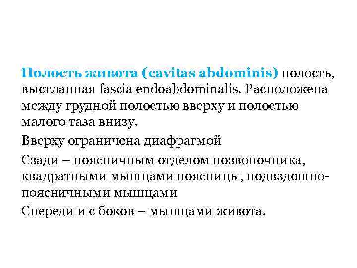 Полость живота (cavitas abdominis) полость, выстланная fascia endoabdominalis. Расположена между грудной полостью вверху и