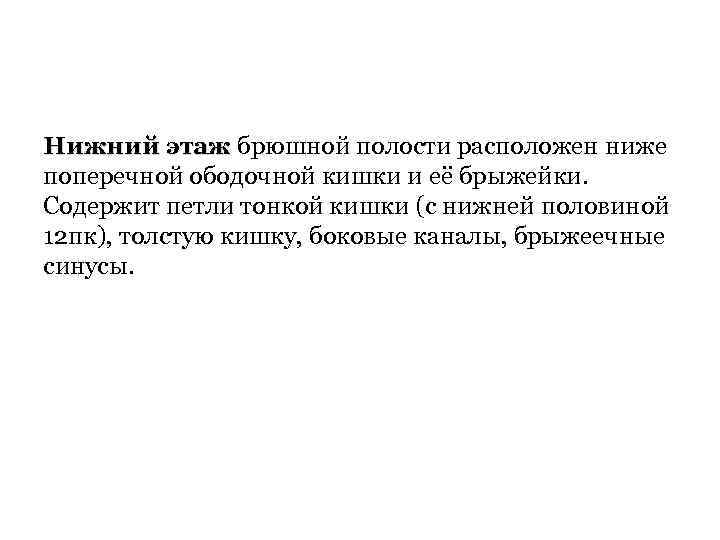 Нижний этаж брюшной полости расположен ниже поперечной ободочной кишки и её брыжейки. Содержит петли