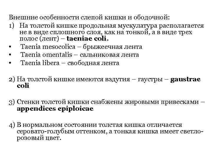 Внешние особенности слепой кишки и ободочной: 1) На толстой кишке продольная мускулатура располагается не