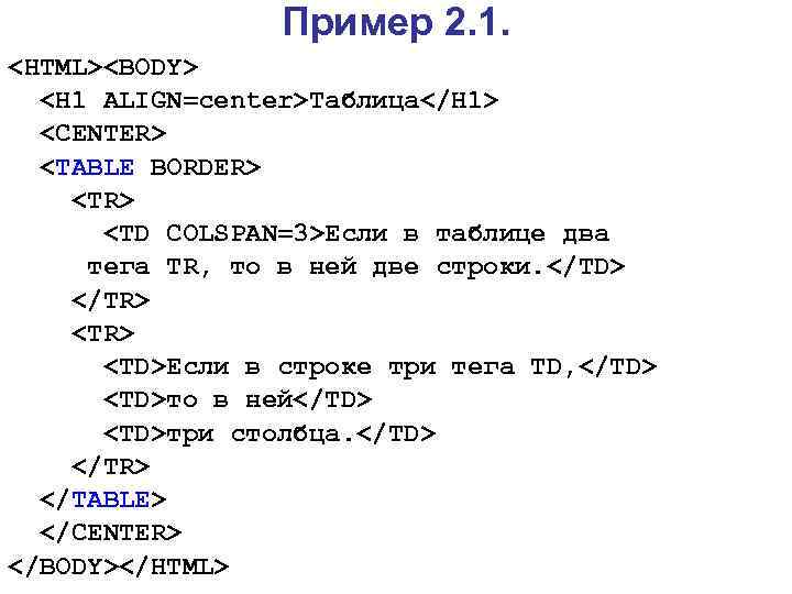 Пример 2. 1. <HTML><BODY> <H 1 ALIGN=center>Таблица</H 1> <CENTER> <TABLE BORDER> <TD COLSPAN=3>Если в