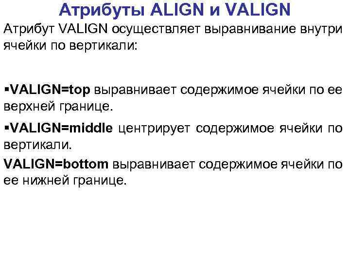 Атрибуты АLIGN и VALIGN Атрибут VALIGN осуществляет выравнивание внутри ячейки по вертикали: §VALIGN=top выравнивает