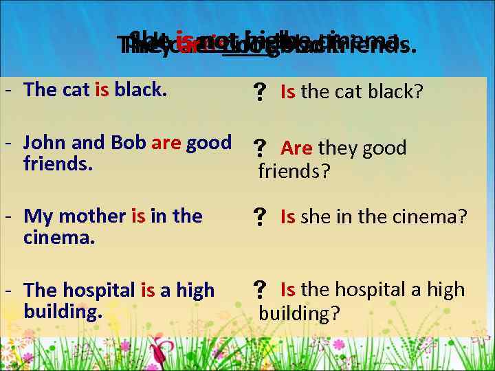 She are not good It in black. Theycatnotnotthe cinema. The is is high. friends.
