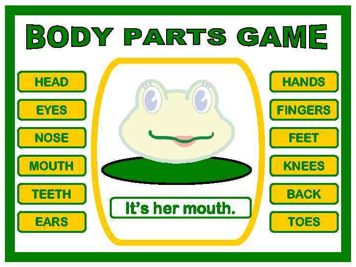 HEAD HANDS EYES FINGERS NOSE FEET MOUTH KNEES TEETH BACK EARS It’s her mouth.