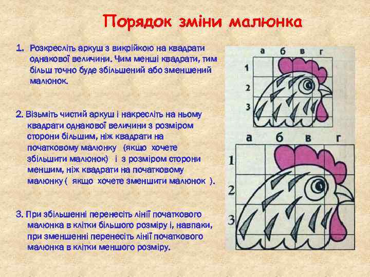 Порядок зміни малюнка 1. Розкресліть аркуш з викрійкою на квадрати однакової величини. Чим менші
