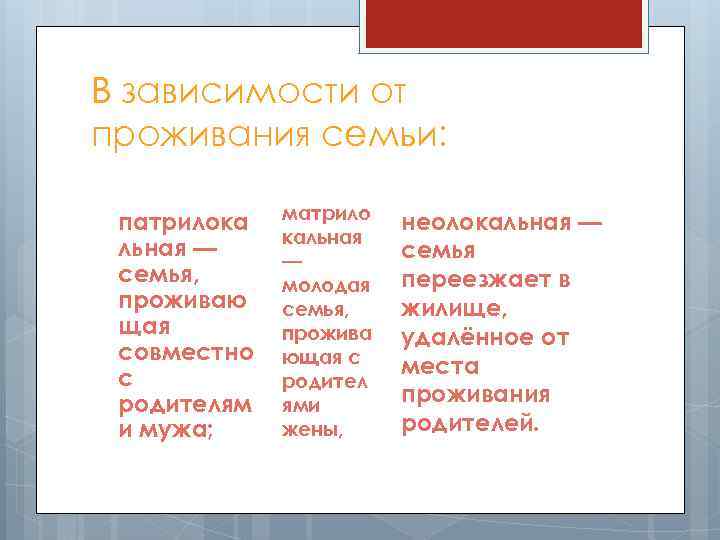 В зависимости от проживания семьи: патрилока льная — семья, проживаю щая совместно с родителям