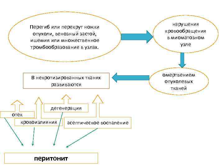 Перегиб или перекрут ножки опухоли, венозный застой, ишемия или множественное тромбообразование в узлах. В