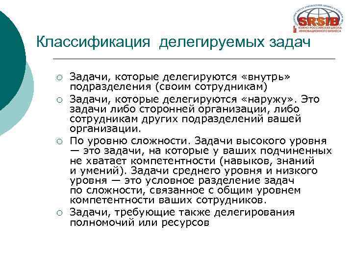 Классификация делегируемых задач ¡ ¡ Задачи, которые делегируются «внутрь» подразделения (своим сотрудникам) Задачи, которые