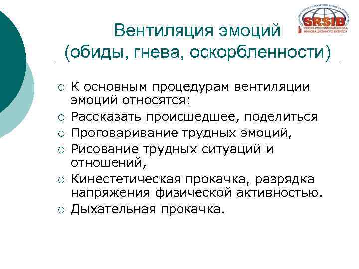 Вентиляция эмоций (обиды, гнева, оскорбленности) ¡ ¡ ¡ К основным процедурам вентиляции эмоций относятся: