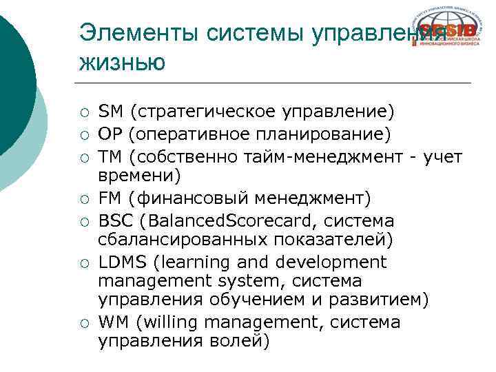 Элементы системы управления жизнью ¡ ¡ ¡ ¡ SM (стратегическое управление) OP (оперативное планирование)