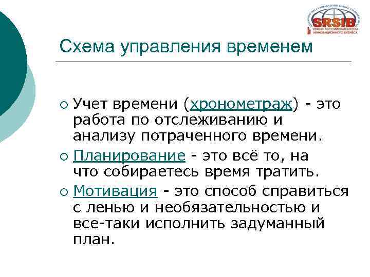 Схема управления временем Учет времени (хронометраж) - это работа по отслеживанию и анализу потраченного