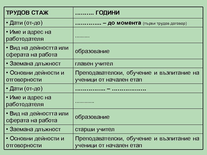 ТРУДОВ СТАЖ ………. ГОДИНИ • Дати (от-до) …………. . – до момента (първи трудов