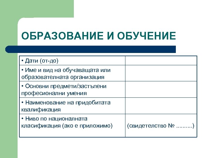ОБРАЗОВАНИЕ И ОБУЧЕНИЕ • Дати (от-до) • Име и вид на обучаващата или образователната