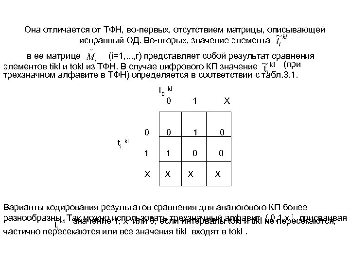 Она отличается от ТФН, во первых, отсутствием матрицы, описывающей исправный ОД. Во вторых, значение