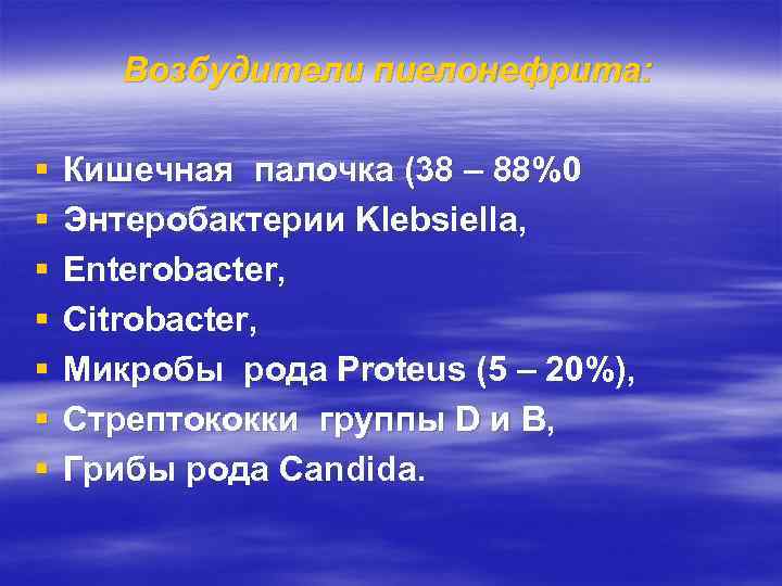 Возбудители пиелонефрита: § § § § Кишечная палочка (38 – 88%0 Энтеробактерии Klebsiella, Enterobacter,