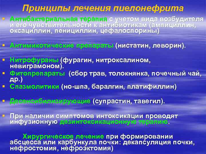 Принципы лечения пиелонефрита § Антибактериальная терапия с учетом вида возбудителя и его чувствительности к