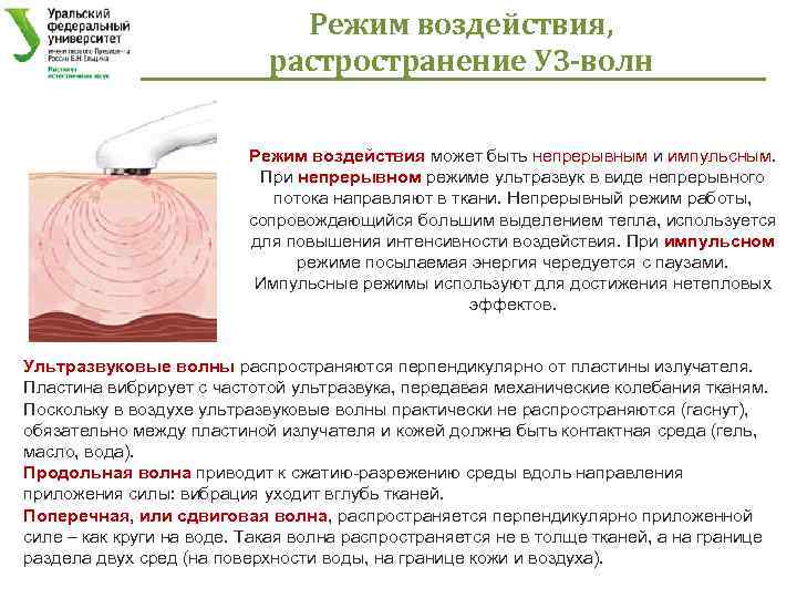 Режим воздействия, растространение УЗ-волн Режим воздействия может быть непрерывным и импульсным. При непрерывном режиме