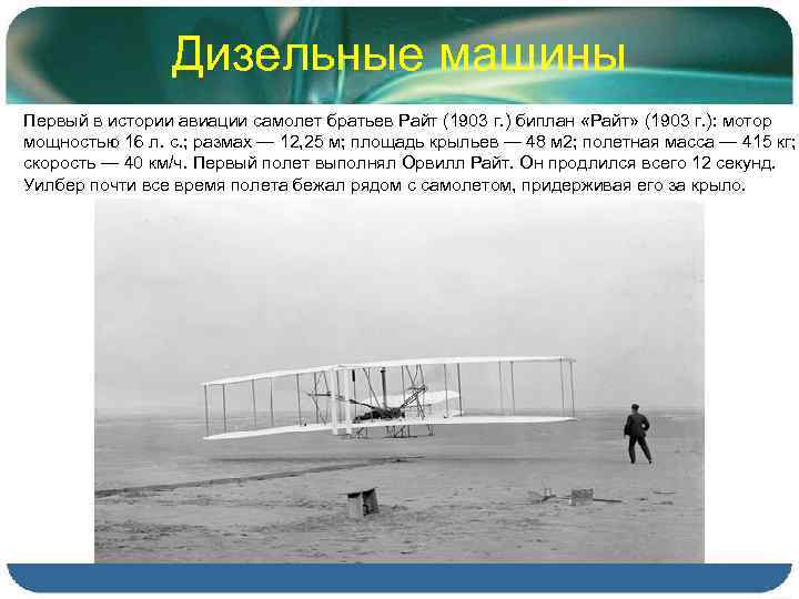 Дизельные машины Первый в истории авиации самолет братьев Райт (1903 г. ) биплан «Райт»