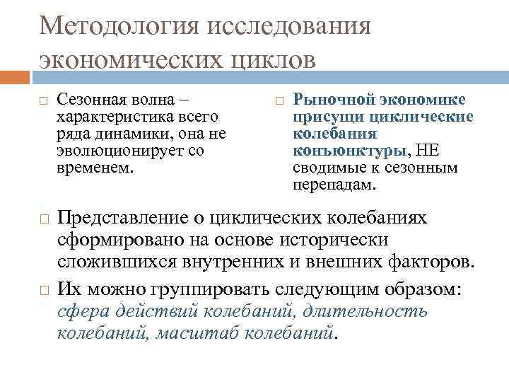 Методология исследования экономических циклов Сезонная волна – характеристика всего ряда динамики, она не эволюционирует