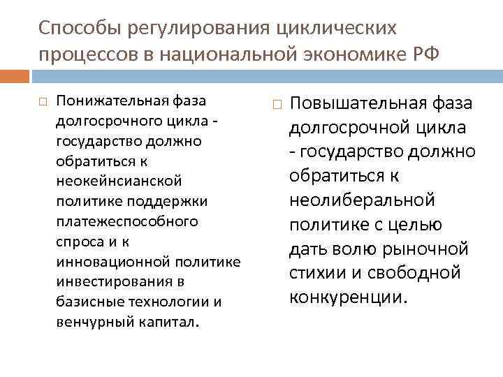 Способы регулирования циклических процессов в национальной экономике РФ Понижательная фаза долгосрочного цикла государство должно