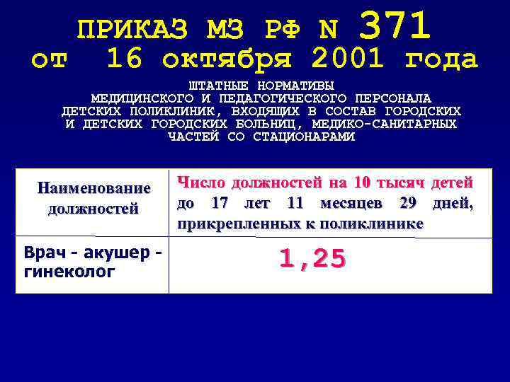 ПРИКАЗ МЗ РФ N 371 от 16 октября 2001 года ШТАТНЫЕ НОРМАТИВЫ МЕДИЦИНСКОГО И
