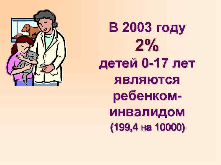 В 2003 году 2% детей 0 -17 лет являются ребенкоминвалидом (199, 4 на 10000)