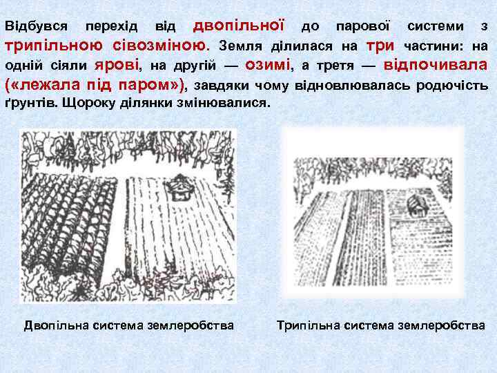 двопільної до парової системи з трипільною сівозміною. Земля ділилася на три частини: на одній